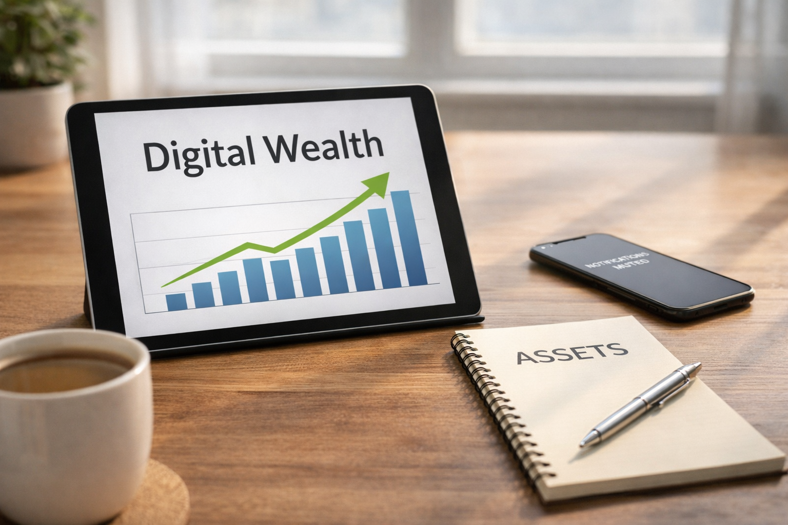 Digital wealth explained with online assets and a rising chart